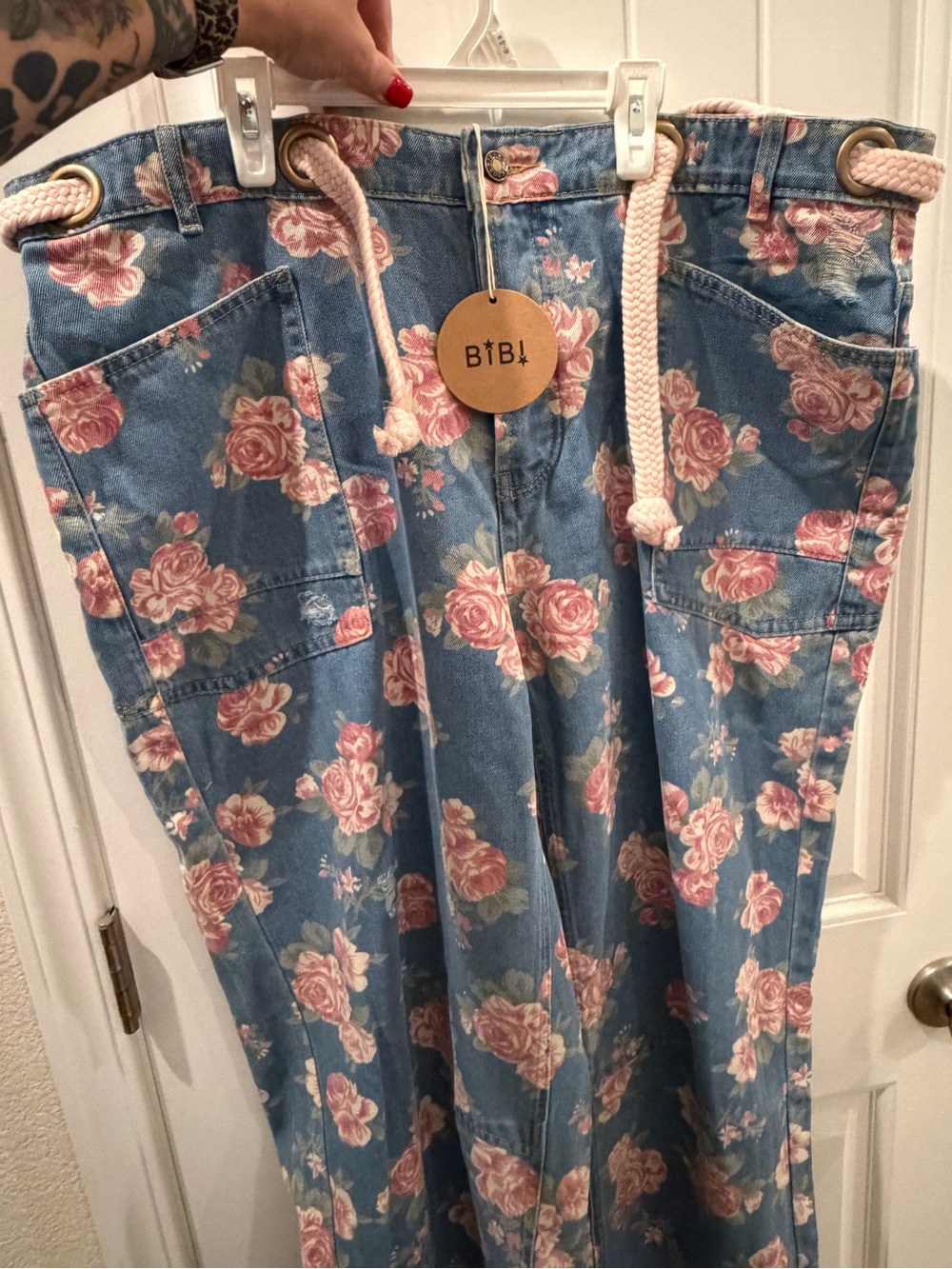 BiBi Denim Jeans with Pink Rose Print and Rope Tie - Picture 2 of 5